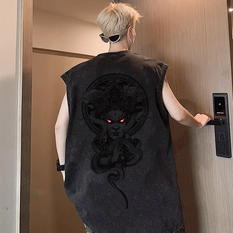 不动明王欧美街头风坎肩背心男款夏季新款美式宽松水洗无袖T恤衫