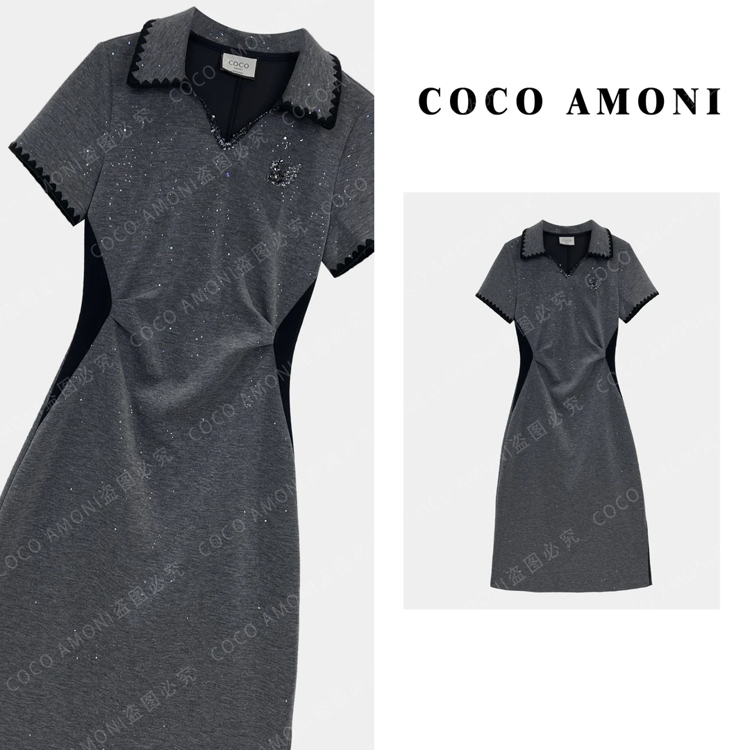 夏日轻奢精致设计师定制女装拼接重工亮钻气质显瘦连衣裙AC402