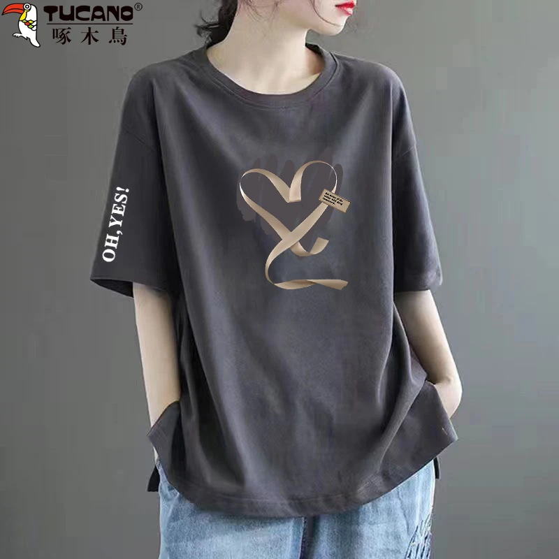 啄木鸟百搭洋气休闲上衣夏季纯棉圆领宽松显瘦中年减龄短袖T恤女