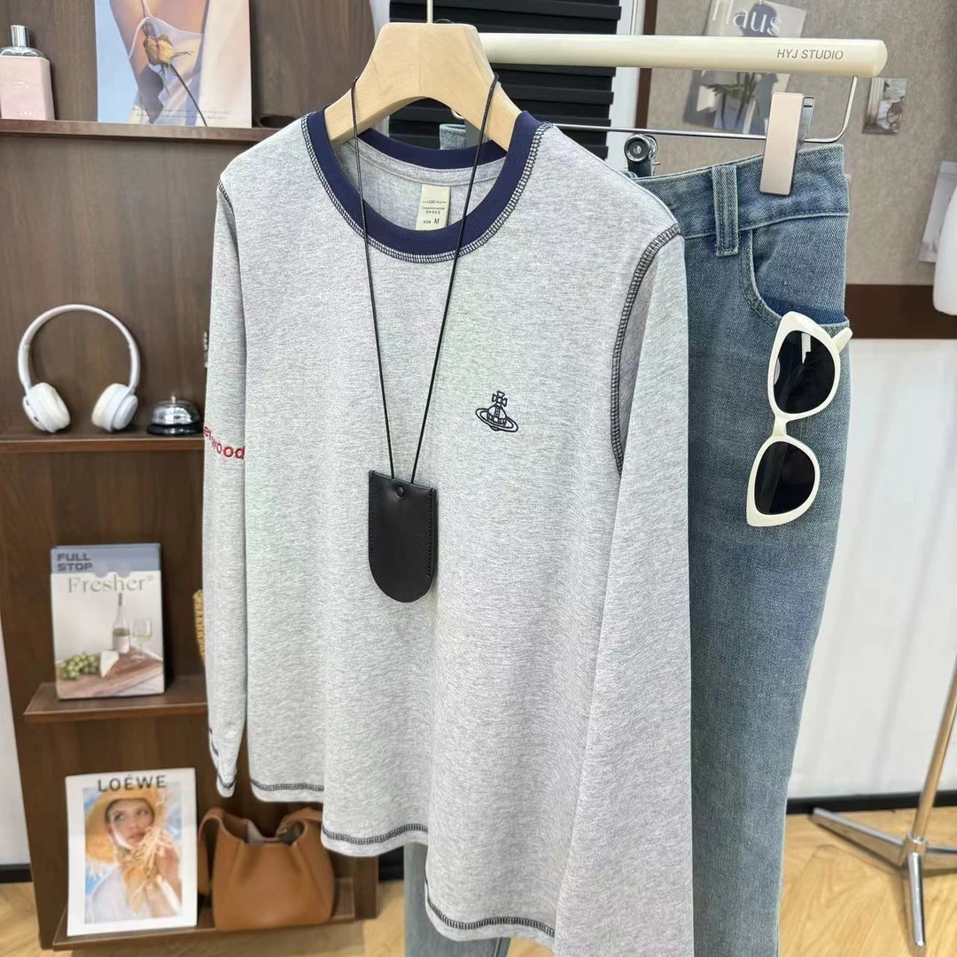 秋款长袖-【土星·字母刺绣】打底衫撞色设计感情侣装24166