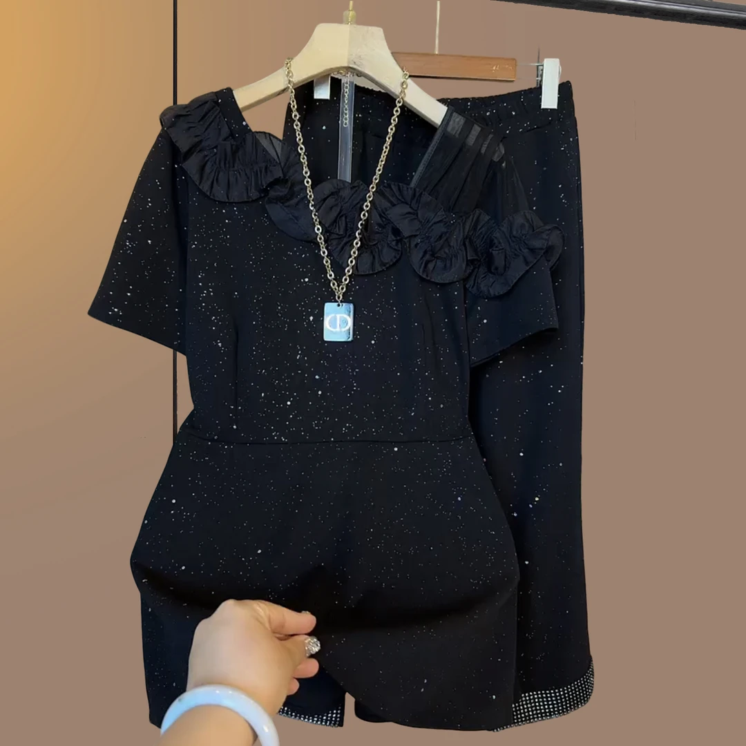 大码女装胖妹妹夏季轻熟风时尚套装减龄短袖裤子小香风气质两件套