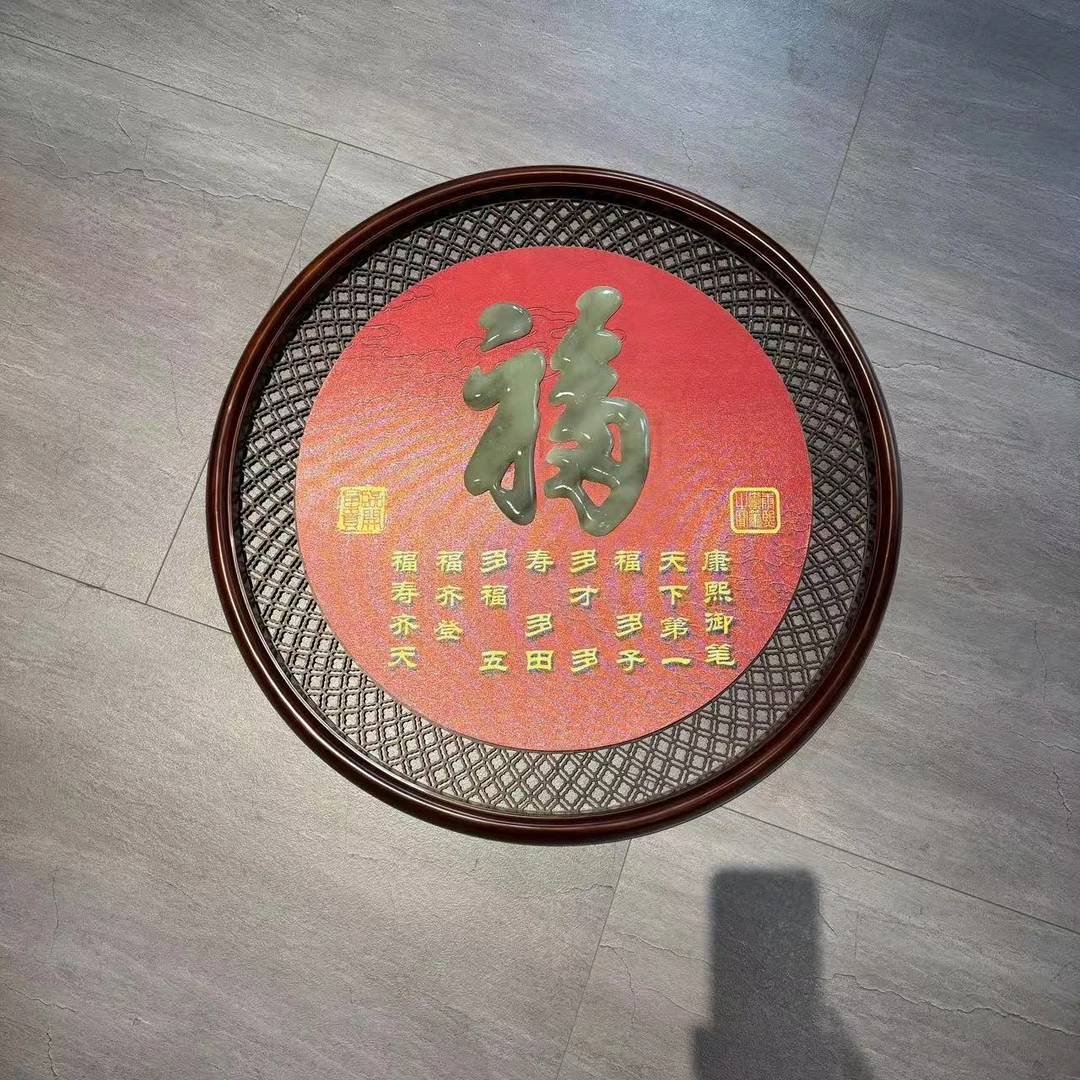 (S)80*80尺寸五福临门(2216）圆木框圆形玉雕画天然玉石滑石玉雕画