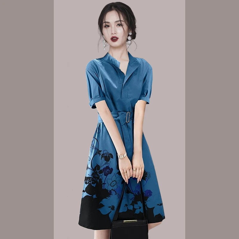高级感赫本风收腰连衣裙2025年夏季新款短袖印花衬衫裙子