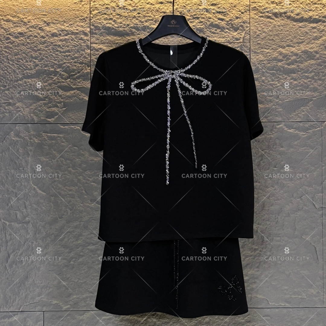 WMA-A28设计师款丨水钻蝴蝶结宽松版夏季短袖T恤裤裙时尚套装