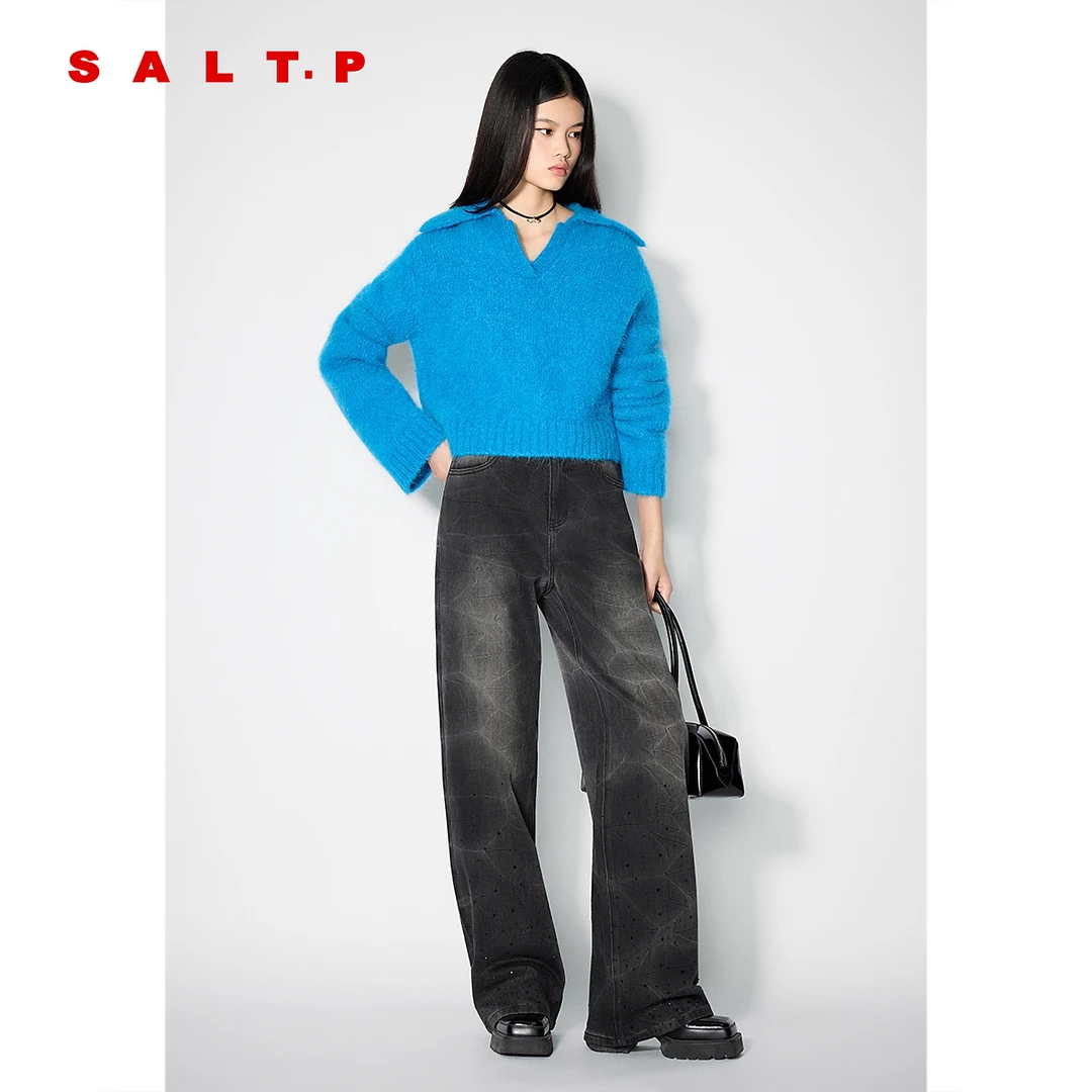 SALT.P可颜小V领宽松简约短款百搭POLO毛衫2025冬季新款