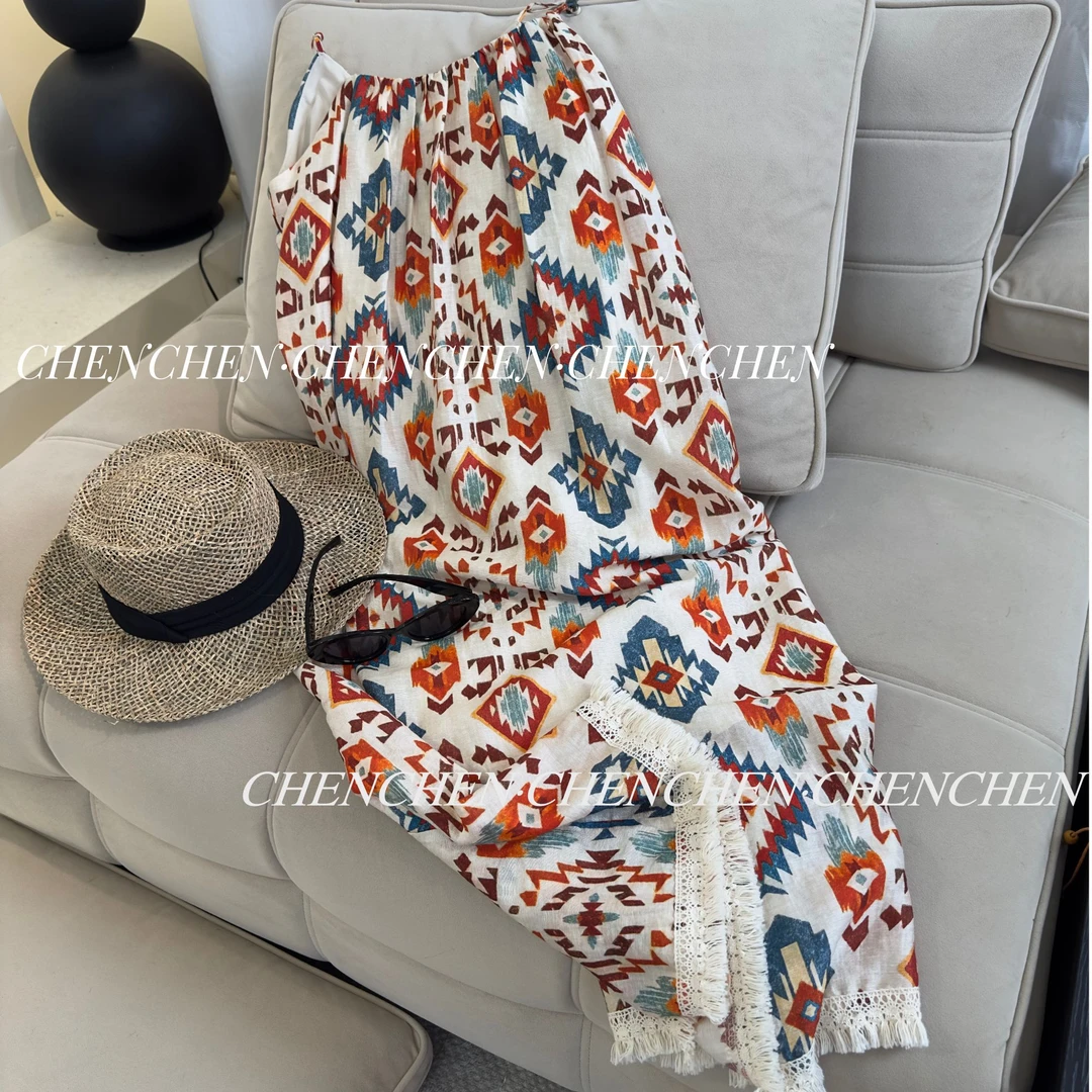 夏季新款小众度假民族风印花连衣裙女森系慵懒风宽松显瘦吊带长裙