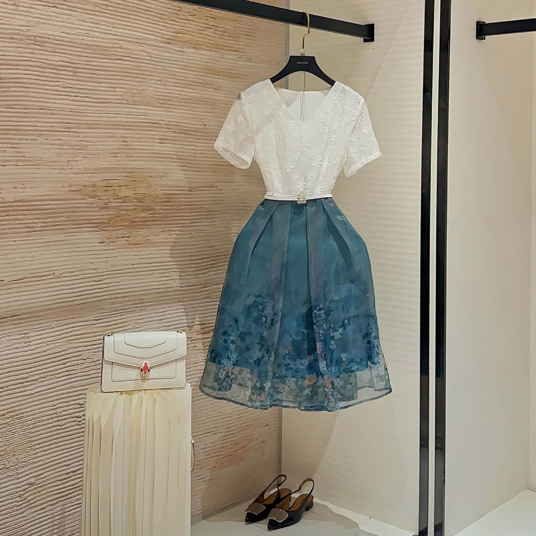 夏季轻奢法式拼接高级感显瘦收腰连衣裙L-A684蕾丝短袖