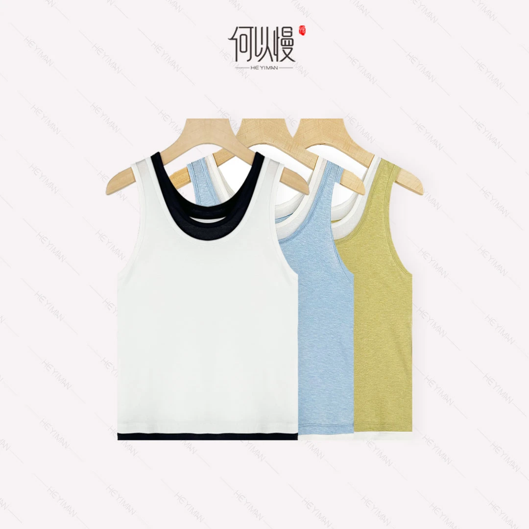 【何以慢】莱赛尔羊毛混纺U领假两件拼接无袖显瘦背心K3-A5031