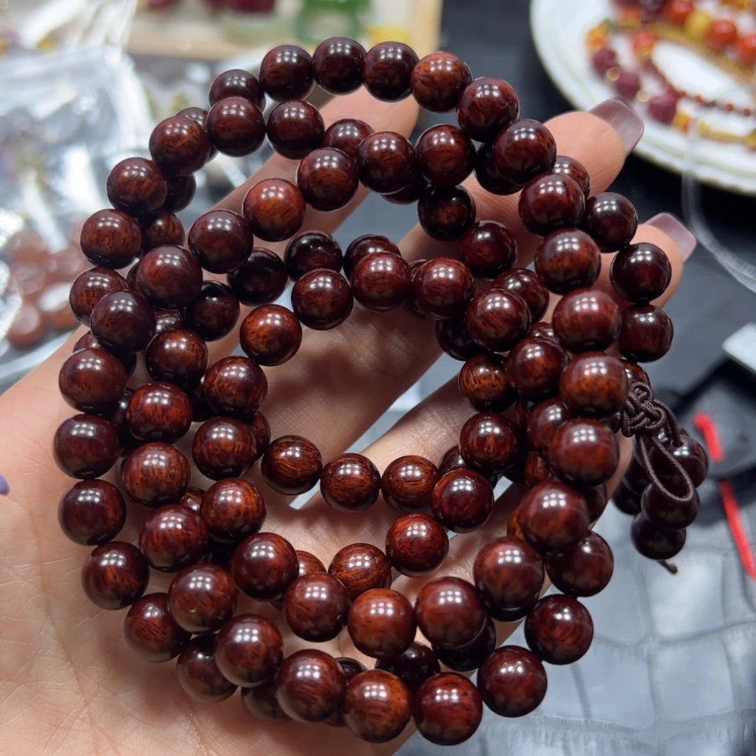 银S925镶嵌手链烟晶血檀木108