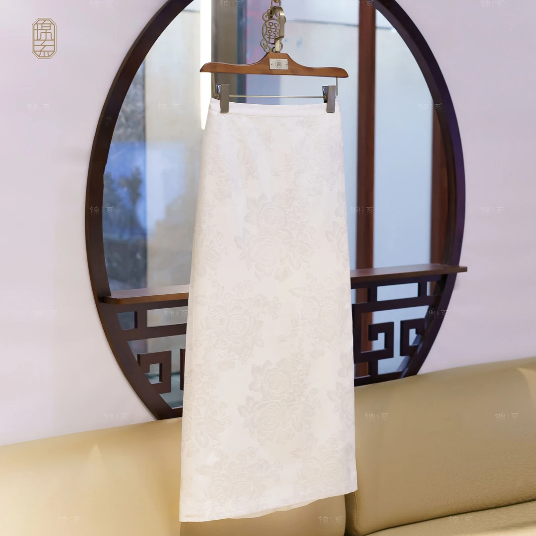 【锦系-新款】丝毛提花新中式国风桑蚕丝后松紧腰半裙Q-382380