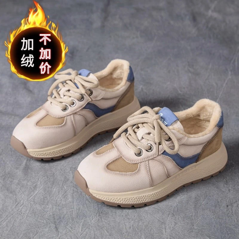 秋冬新款头层牛皮女鞋真皮拼色百搭运动风复古休闲系带轻奢鞋子