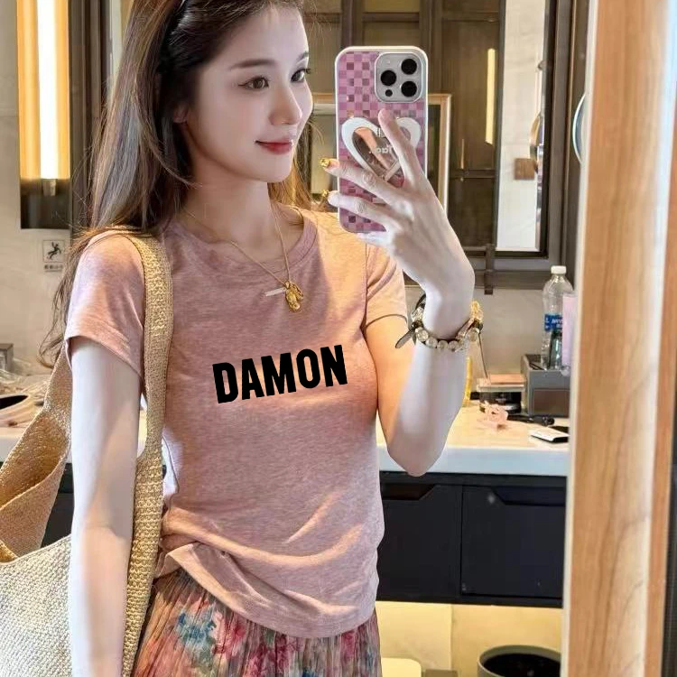 修身短袖上衣2025夏季新款时尚百搭女洋气减龄显瘦粉色圆领