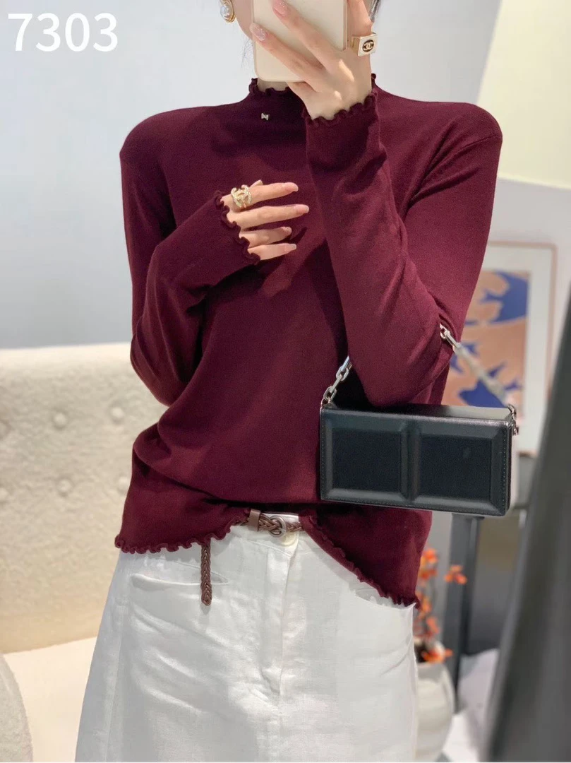 7303秋季女长袖纯色针织冬季毛针织衫木耳领打底百搭