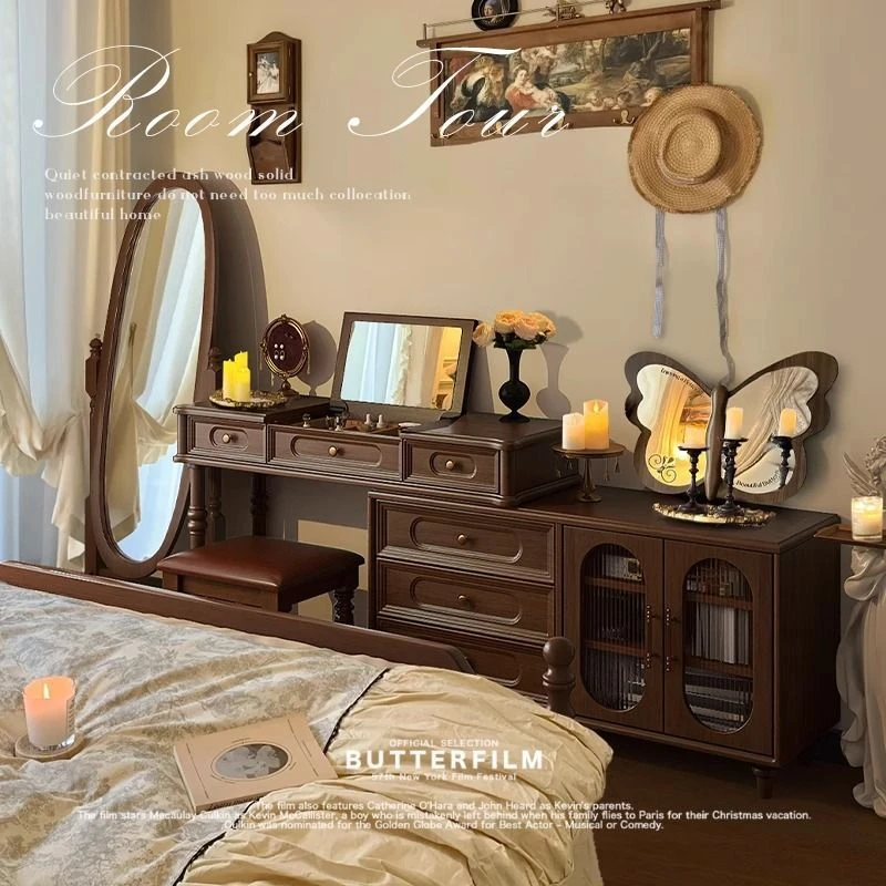 【诚意家具】美式实木梳妆台斗柜中古风卧室床尾柜转角法式复古化妆