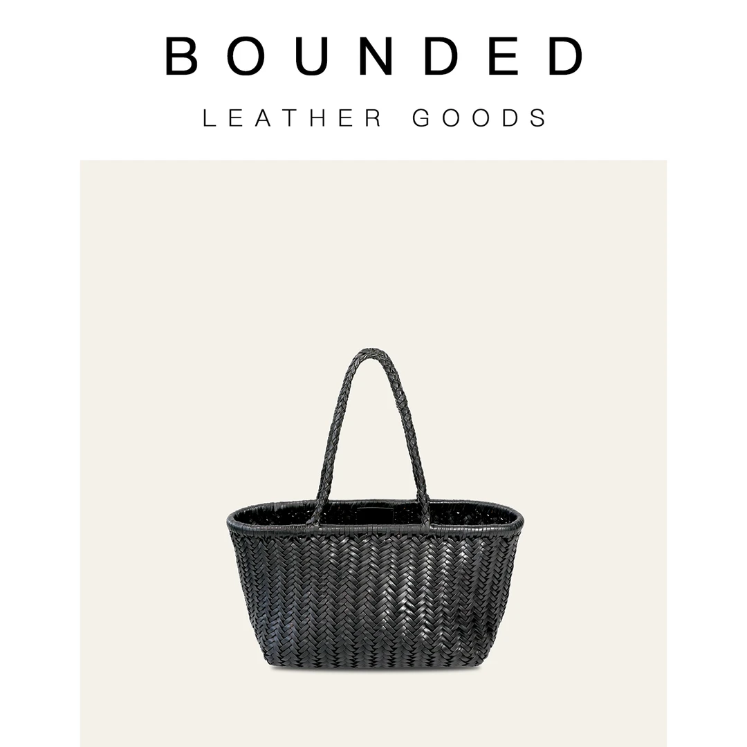 bounded有界 真皮手工编织托特菜篮子竖条编织单肩手提包