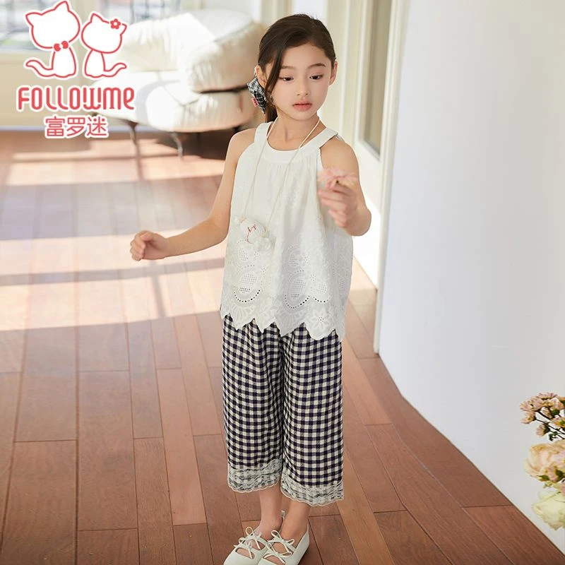 富罗迷两件套无袖背心上衣格纹七分裤夏季新款休闲套装F5B7317T