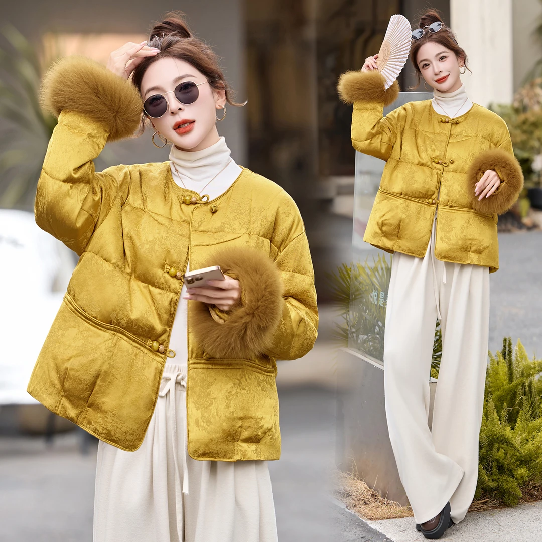 新中式g风白鸭绒羽绒服袖毛可拆卸羽绒服女款2025爆款正品新款潮