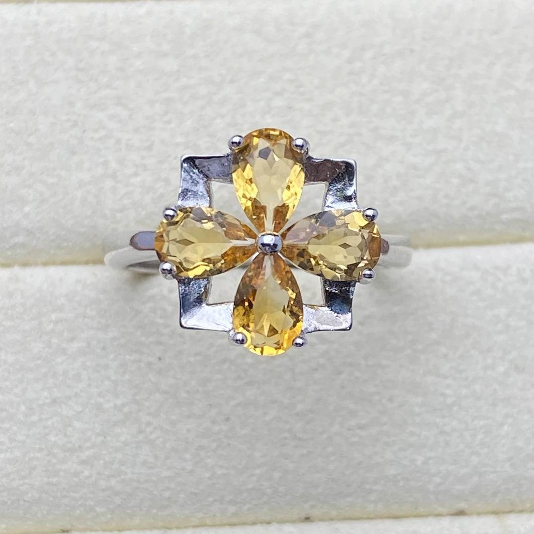 花朵四叶草天然黄水晶戒指s925银创意轻奢精致时尚百搭Y2