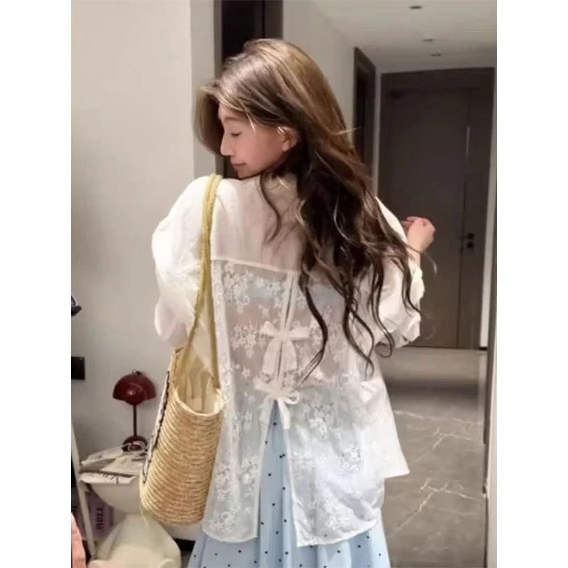 薄款白色衬衫外套防晒衫蕾丝长袖外搭设计感夏季宽松型蝴蝶结上衣