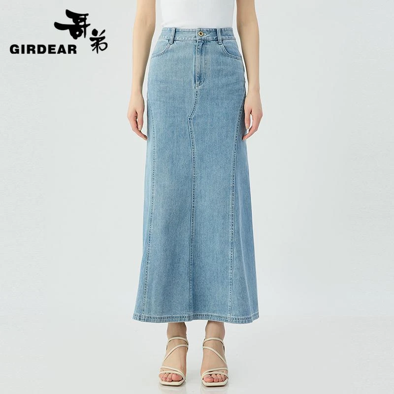 GIRDEAR/哥弟时尚高腰气质简约百搭包臀牛仔长款鱼尾半身裙120010