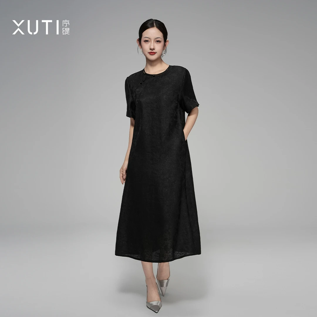 序缇『玄尘赋』夏季新款复古国风新中式女装桑蚕丝连衣裙J37-15228