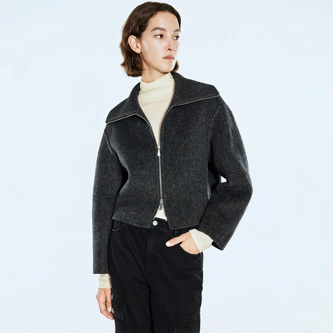 COVERINS新款翻领时尚休闲截短式翻领丝毛双面呢外套CC34310150