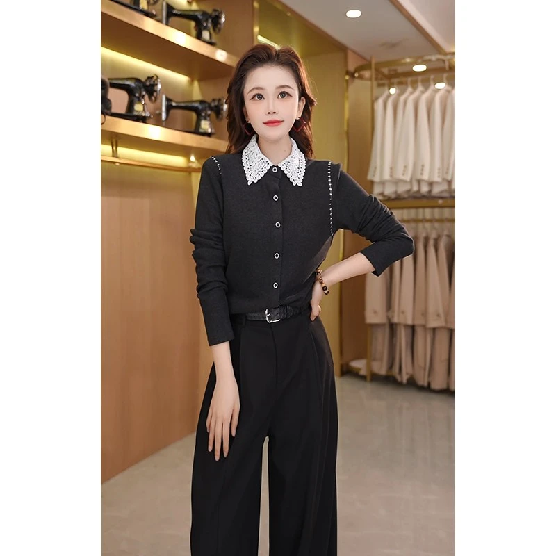 【纪朵研】8173气质上衣翻领百搭蕾丝休闲显瘦时尚减龄休闲衬衫