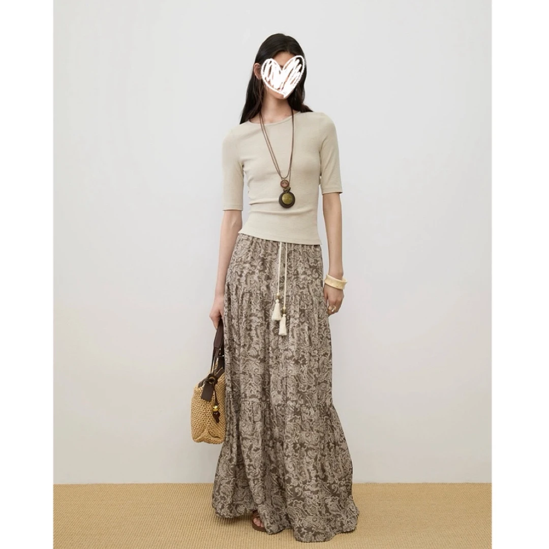 西西里传说 波嬉风短袖修身拼接印花上衣复古垂坠感长裙套装