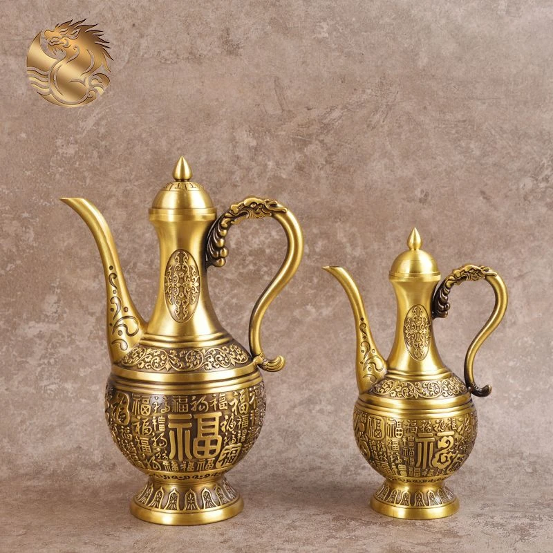 全黄铜浮雕百福酒壶复古家居装饰品供奉大号铜壶礼品酒具铜器摆件