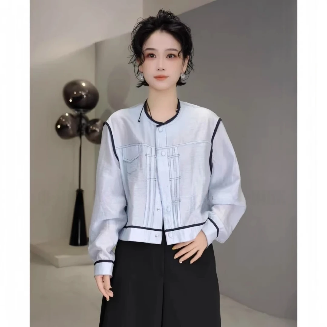 欧货2025夏季新款时尚百搭宽松拼色圆领单排扣小个子洋气衬衫外套