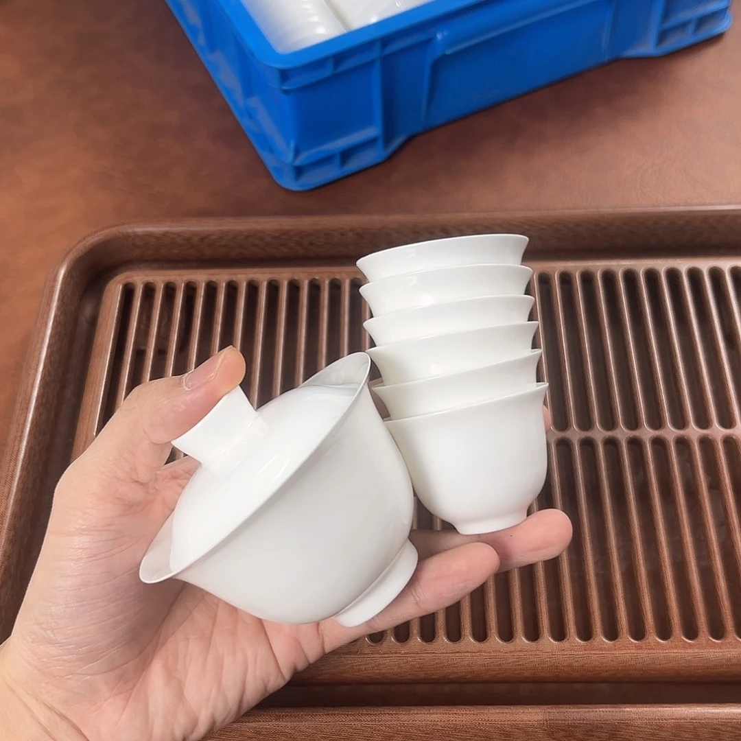 110古典盖碗+6个美人杯骨瓷杯子超薄胎套装