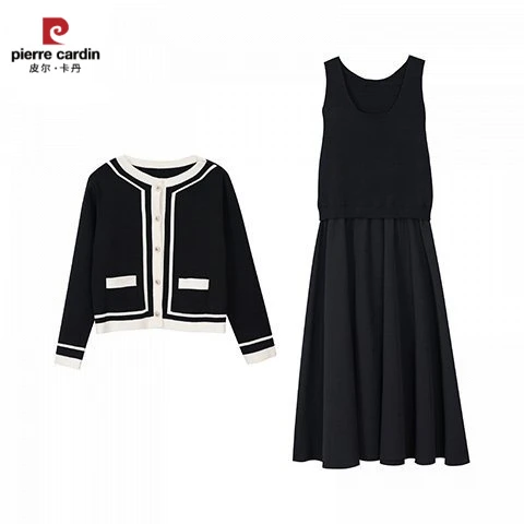 皮尔卡丹小香风针织开衫外套中长款拼接连衣裙女秋冬季新款宽松两