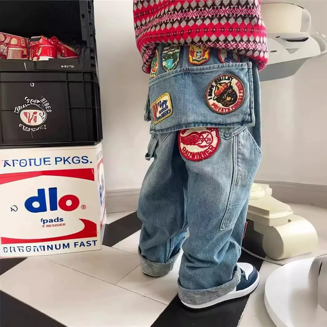 【YO优】定制儿童复古屁帘徽章牛仔裤春秋