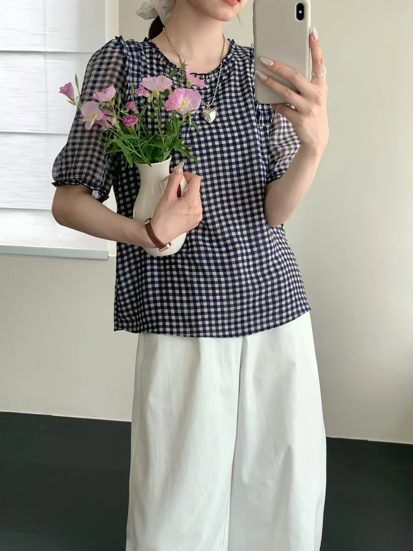 NFM女驸马新款时尚显瘦套头宝蓝色格子雪纺衫8113