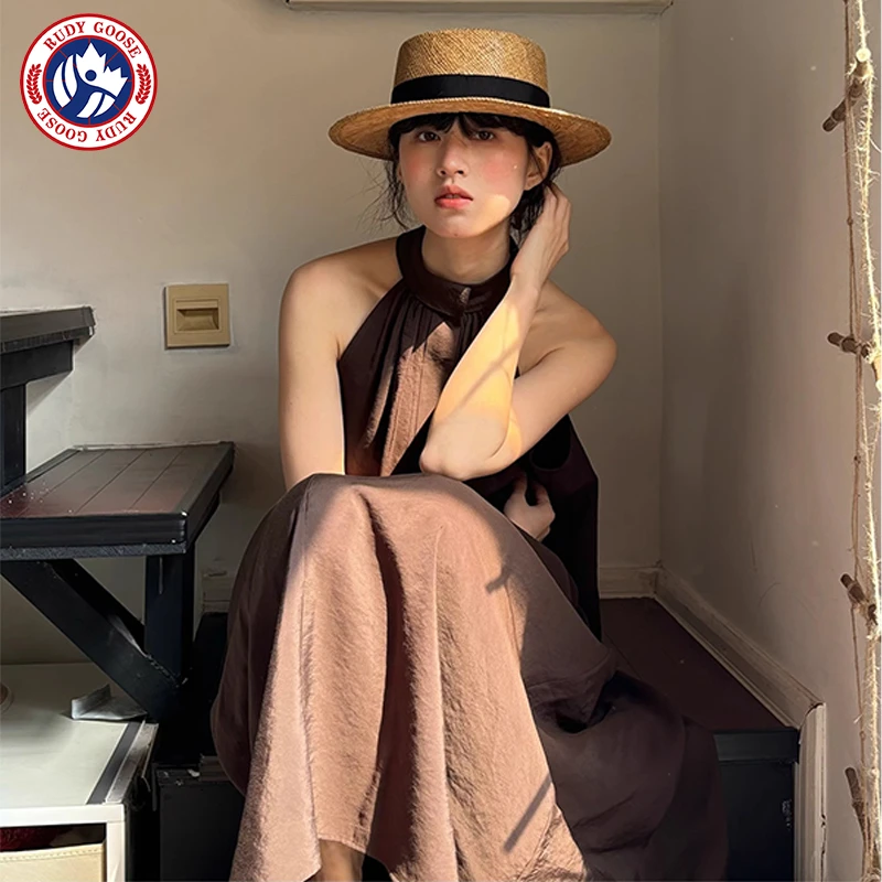 RUDY GOOSE法式气质平顶帽子女夏季2025新款遮阳防晒编织拉菲草帽