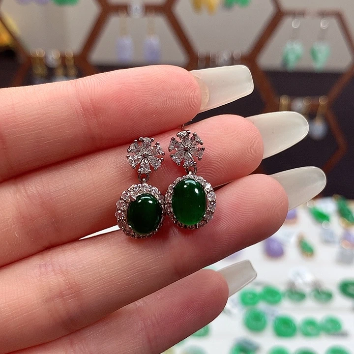 翡翠银S925镶嵌耳饰天然翡翠