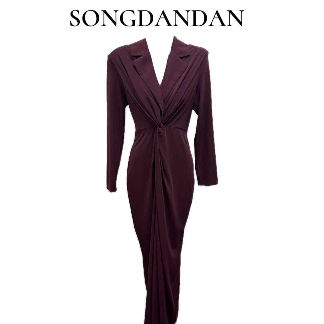 【DDS】显瘦西装领前交叉褶皱包臀连衣裙