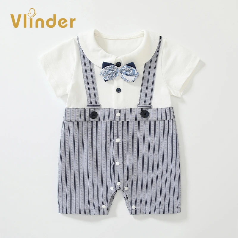 婴幼儿衣服夏季新生儿a类绅士风包屁连体衣男宝宝薄款短袖爬爬服