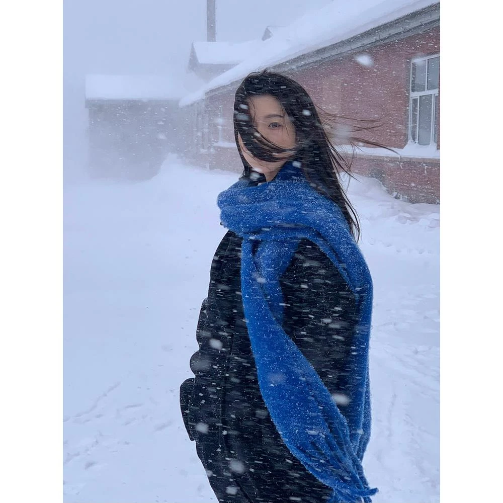 CanaryKiss蓝色围巾女冬季氛围感保暖加厚毛绒时尚仿羊绒披肩围脖