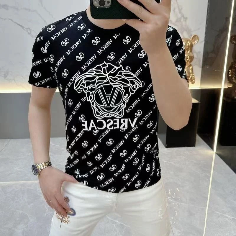 2025短袖T恤男夏季半袖个性印花圆领体恤修身百搭上衣丝光棉休闲