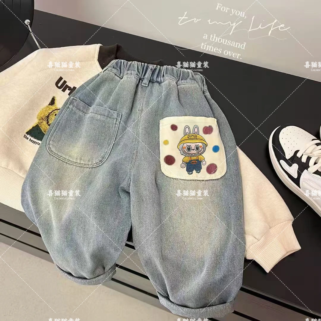 拉布布男女童春秋牛仔裤2025新款儿童宽松洋气裤子宝宝休闲直筒裤