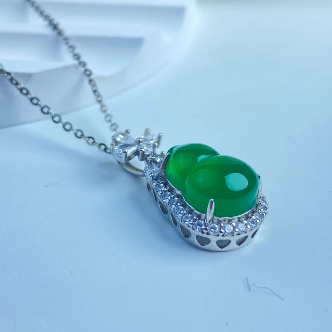 小众玉吊坠玉坠绿玉髓小葫芦挂链925银镶