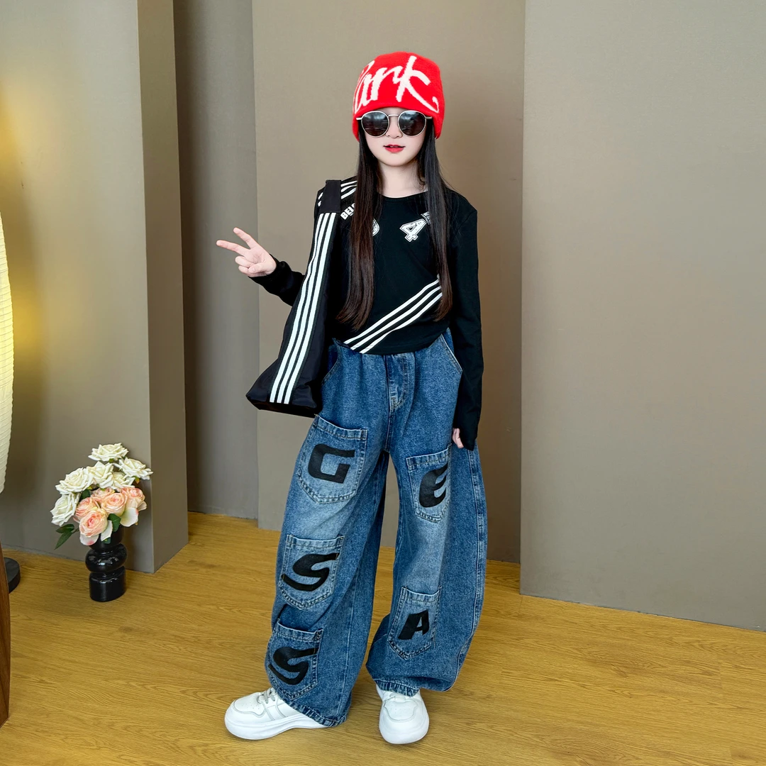 女童2025新款韩版洋气春秋季休闲条纹印花卫衣阔腿牛仔裤套装潮酷