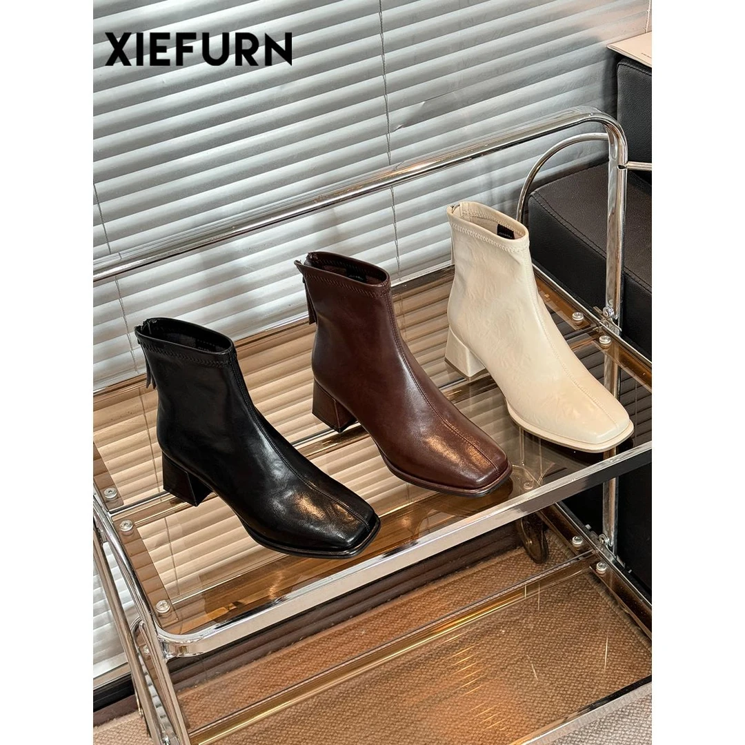 红青蜓XIEFURN/鞋夫人舒适不挤脚时装靴覆古日常百真皮高跟长靴