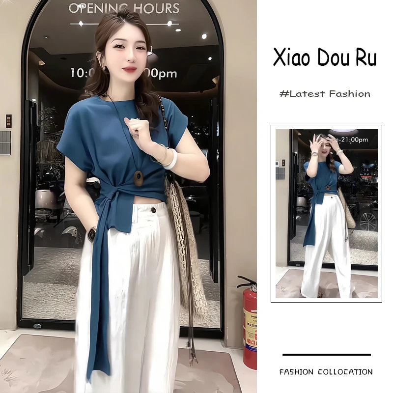 夏季流行穿搭一整套新款2025韩系简约时尚风系带短袖阔腿裤两件套