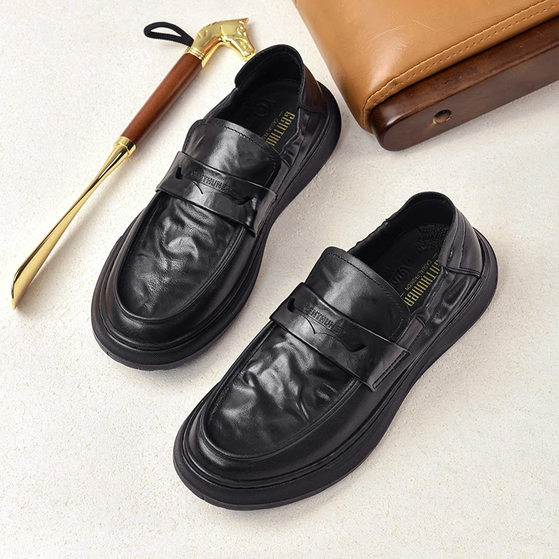 8922皮鞋男真皮牛皮潮流百搭男士休闲头层牛皮软皮厚底舒适豆豆鞋