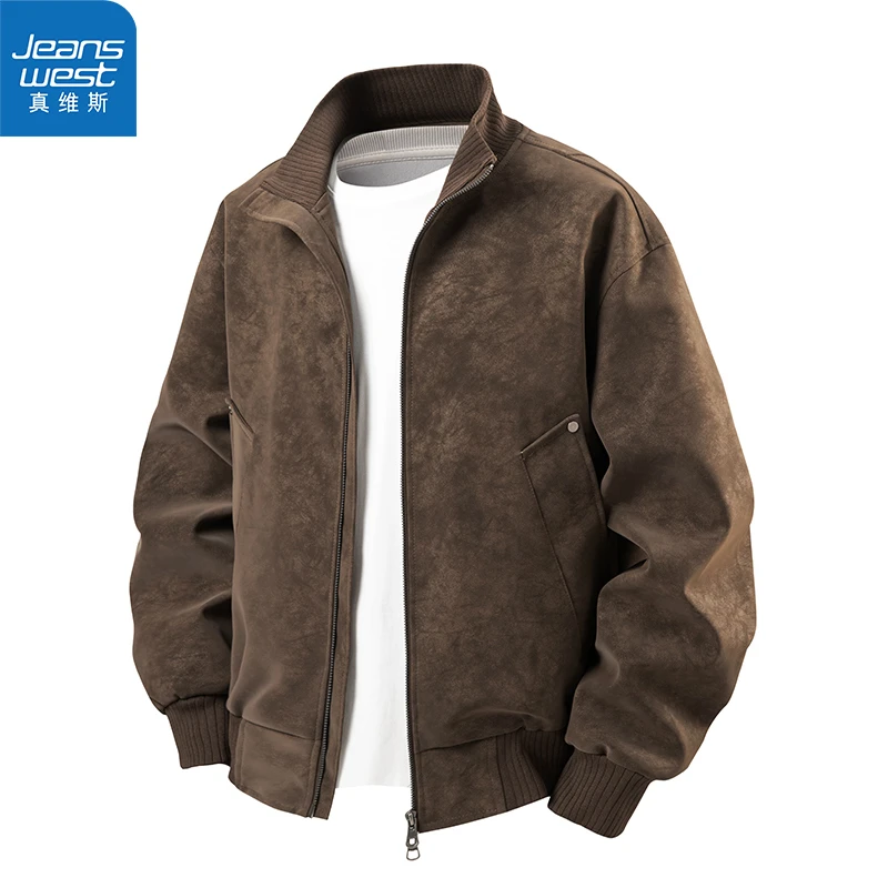【真维斯】春秋季复古美拉德立领夹克男痞帅PU皮飞行员外套百搭宽松