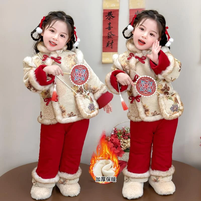 女款秋冬季加绒加厚棉衣套装2025新款小童复古加厚年服元旦演出服
