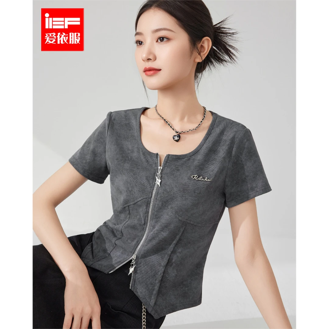 IEF/爱依服2025夏季新款韩系风时尚小众设计感通勤百搭短袖上衣