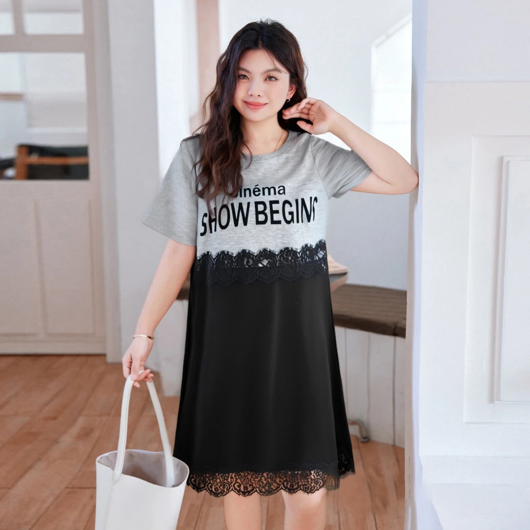 MsShe大码女装2025新夏时髦休闲字母印花短袖T恤连衣裙S~Q2507005